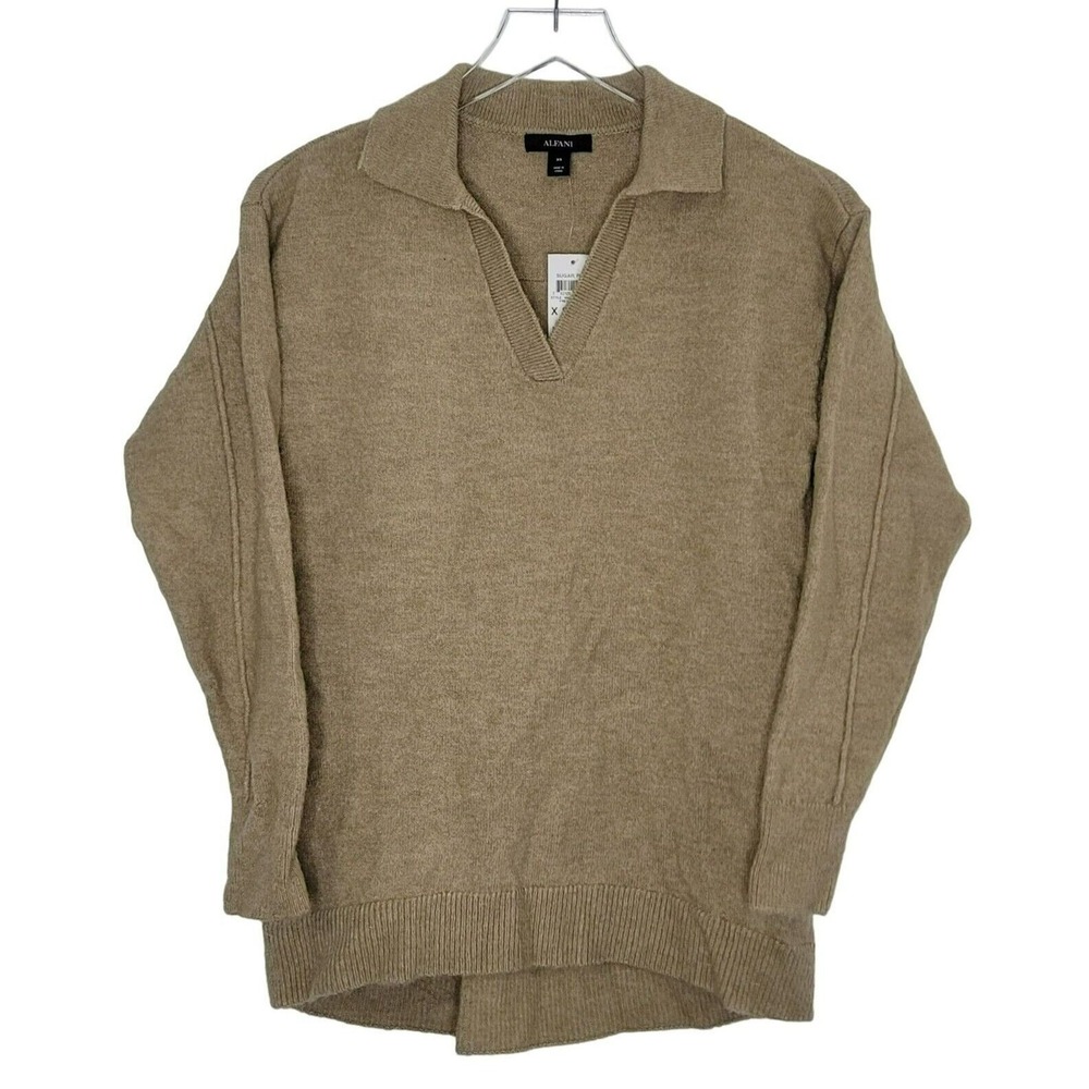 Alfani Tan Polo Sweater Pullover Collared Long Sleeve V-Neck‎ Old Money Prep XS